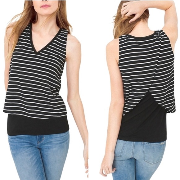 🌸3/$25 WHBM V-neck Layered Black and White Striped High Lo Tank Top, Size S - Picture 1 of 14